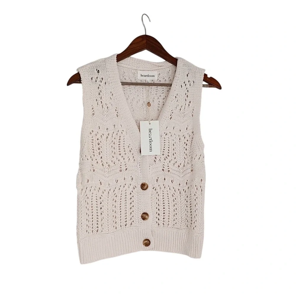 NWT Heartloom Gilda Vest Paper White Pointelle Crochet Knit Button Front S $79 - Picture 3 of 9